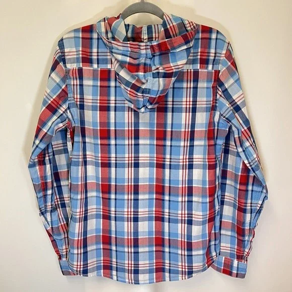 Levis Modern Fit Hooded Button Up L/S Shirt Mens Medium Red White Blue Plaid - Picture 4 of 16